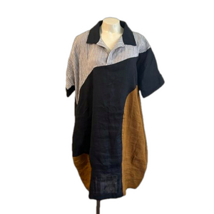 Lisa Bayne color block Linen /pockets lagenlook pullover short sleeve dress Med